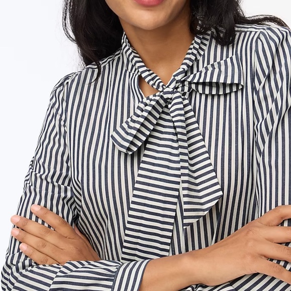 J.Crew White Blue Stripe Bow Tie-Neck Top - Picture 2 of 4